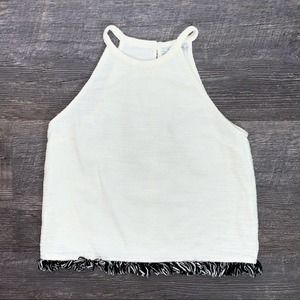 Zara beige w black fringe halter crop tank top shirt size small S